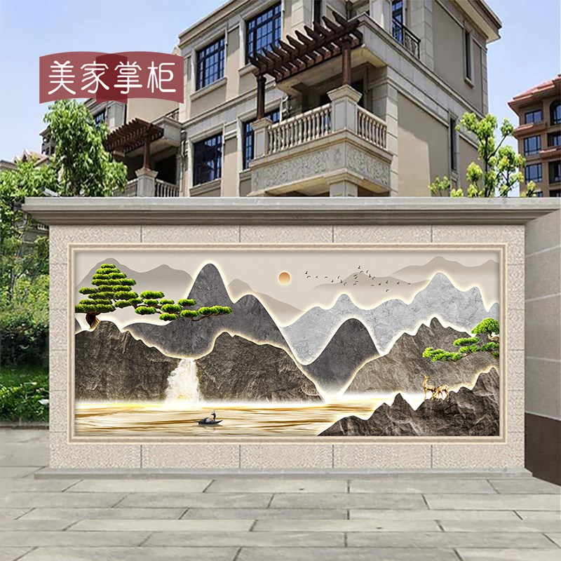 新中式3d立体假山别墅庭院背景墙山水画瓷砖迎门墙景观池瓷砖照壁