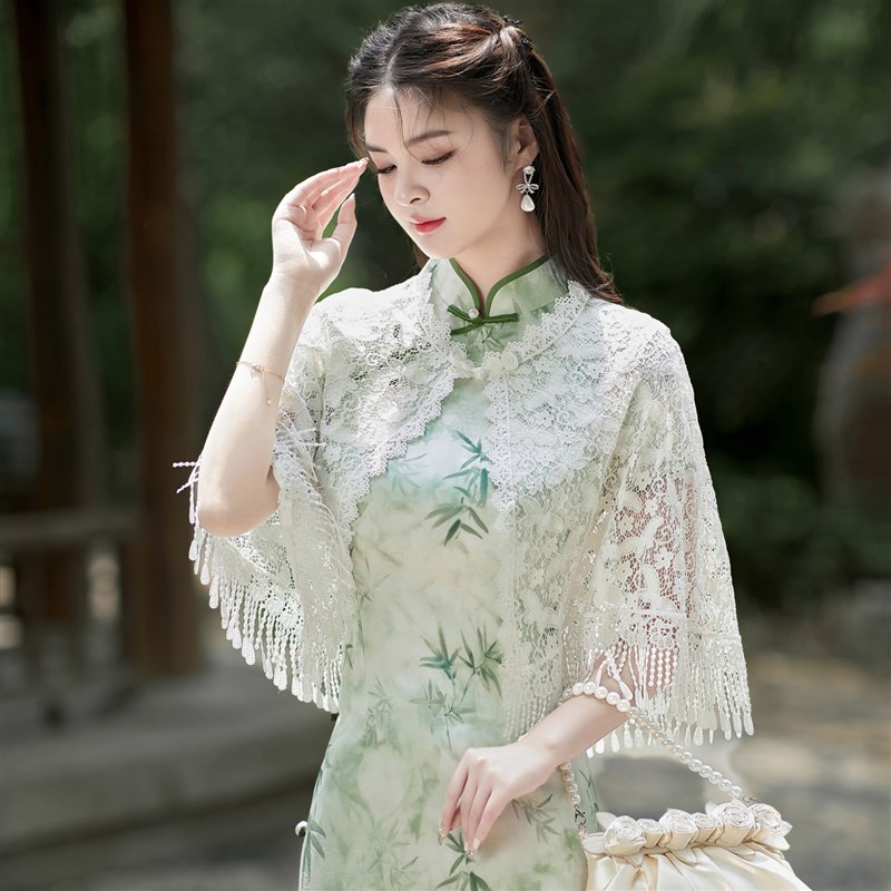 新中式白色配旗袍披肩外搭云肩女夏季蕾丝流苏空调房礼服斗篷披风