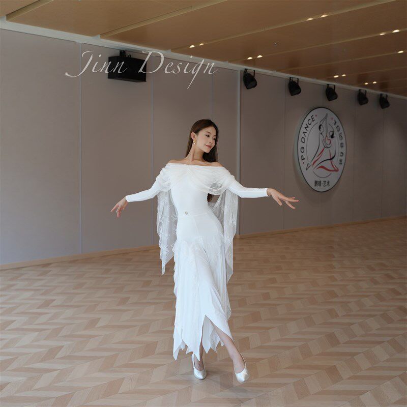jinn舞服摩登舞服新款练功服演出服黑白红蕾丝飘纱一字上衣半身裙