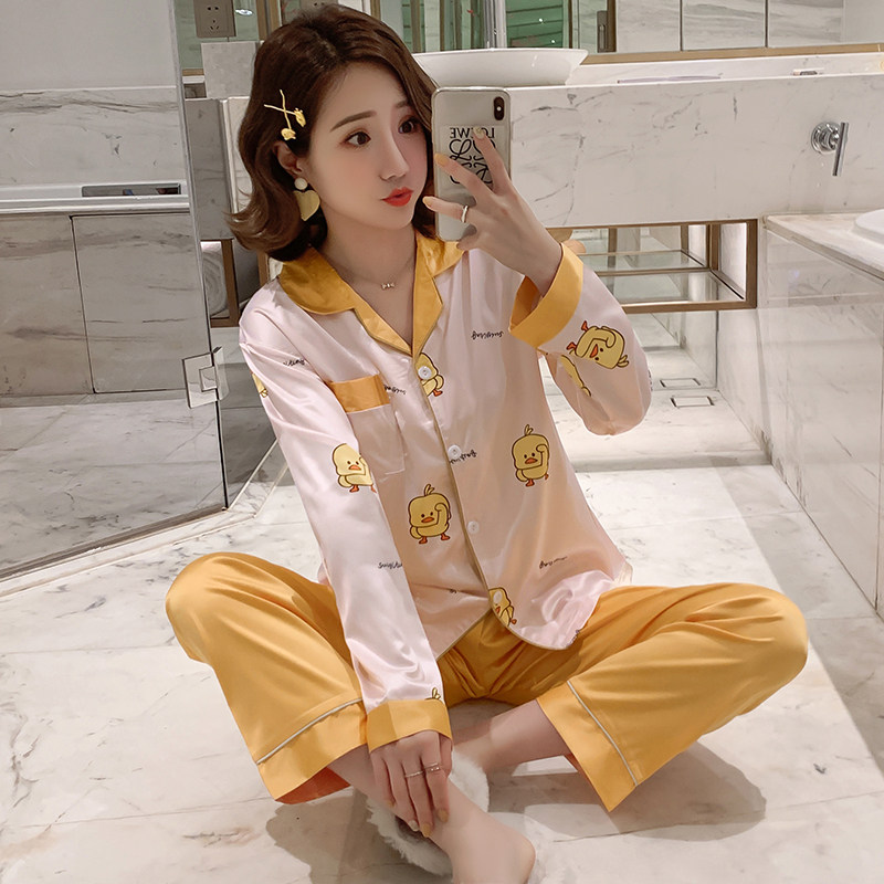 睡衣女夏季冰丝家居服女春秋两件套装丝绸长袖夏天网红爆款可外穿