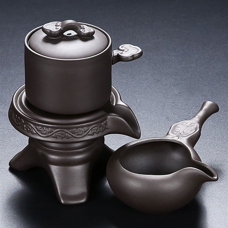 紫砂石磨茶具茶漏一体公道杯旋转出水防烫茶壶懒人自动过滤冲茶器