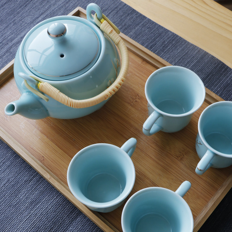 防烫杯 景德镇陶瓷茶具套装家用茶壶茶杯现代简约中式手绘 竹茶盘