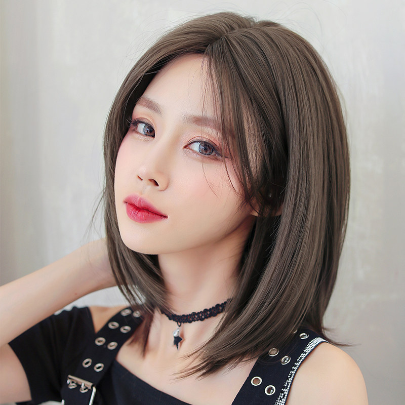 自然中分短直假发 韩系超A锁骨内扣假发套 春日减龄巧克力色高温