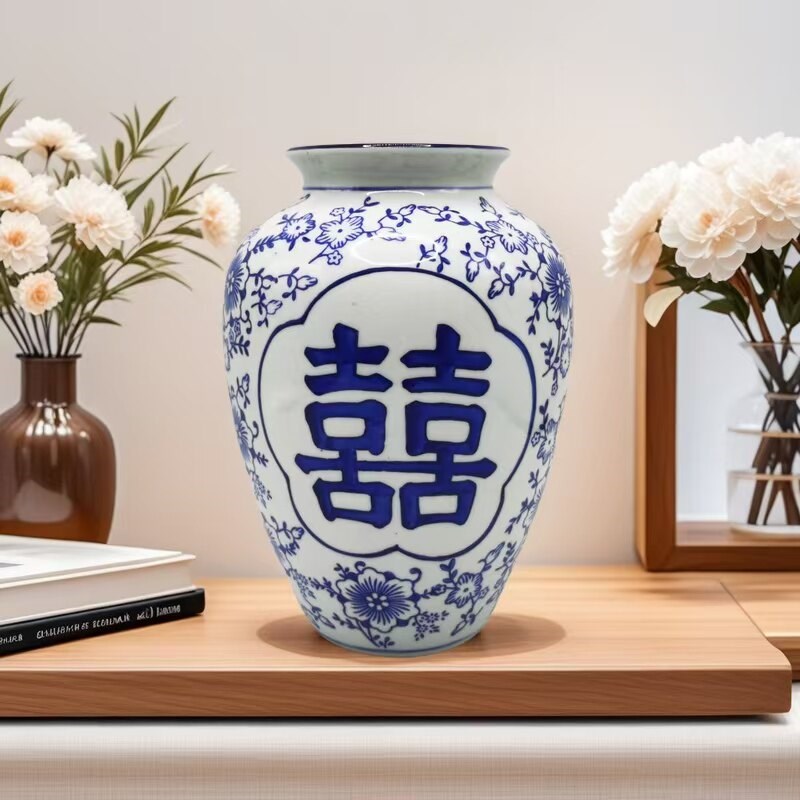新中式陶瓷圆青花瓷罐装饰花瓶摆件喜字中式客厅博古架家居装饰品