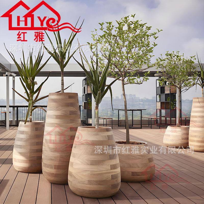 创意玻璃钢仿木纹花盆商场装饰花器酒店售楼部花钵户外景观花箱