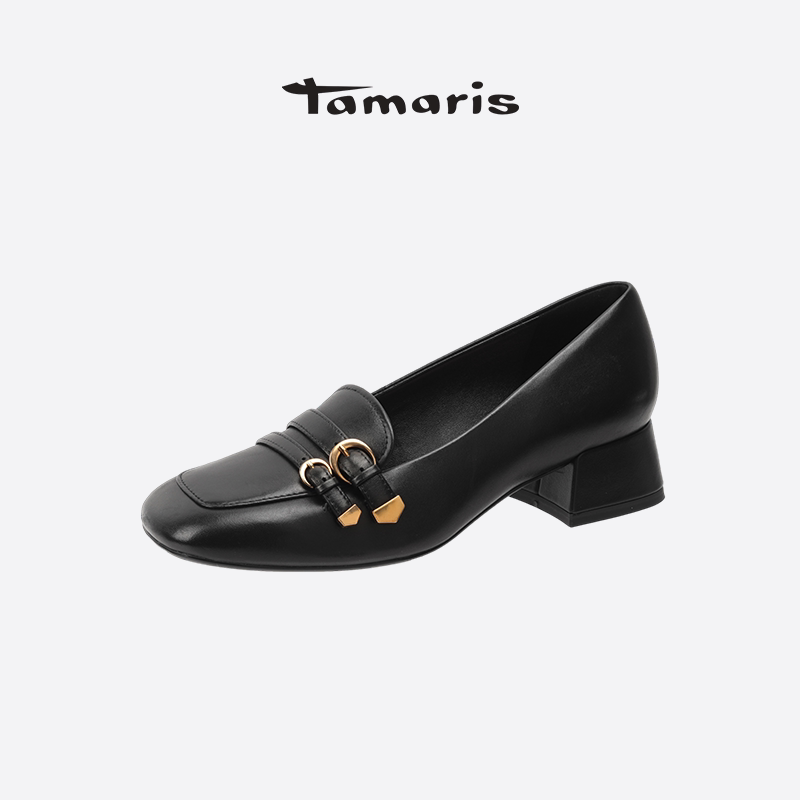 TAMARIS黑色牛皮方头乐福鞋图片