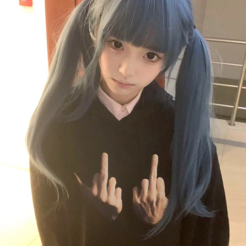 蓝灰色假发女长发新款齐刘海可爱减龄长直发网红lolita全头套式
