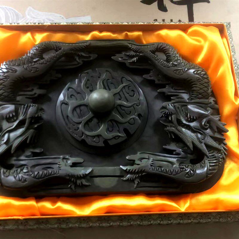 玉黛石易水砚二龙戏珠砚扣盖砚纯手工雕刻天然原石砚台送礼自用佳