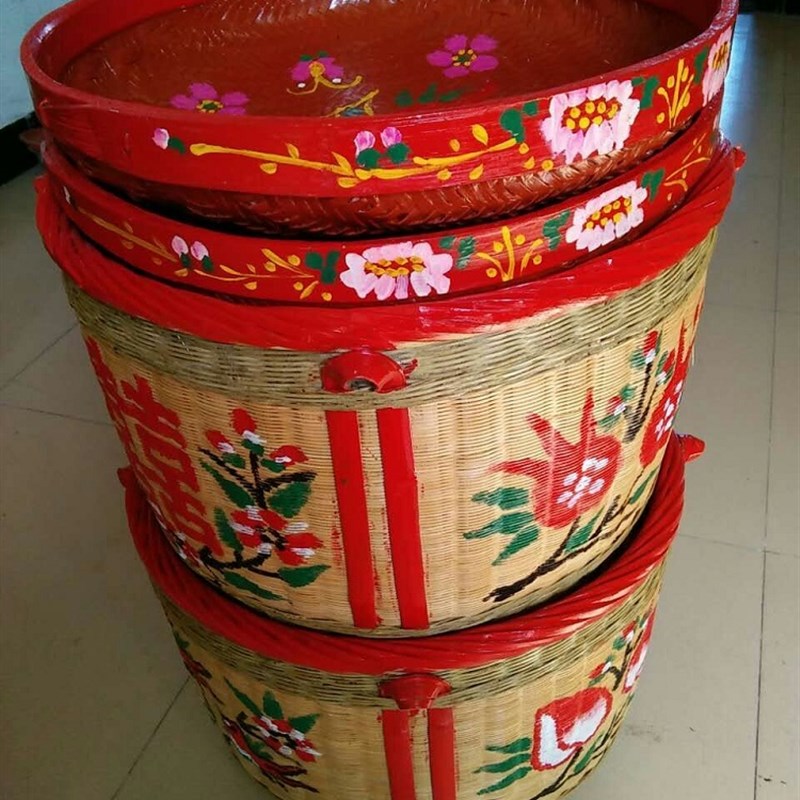竹箩筐大号结婚嫁妆订婚满月搬家喜庆簸箕竹编制品纯手工竹编箩筐