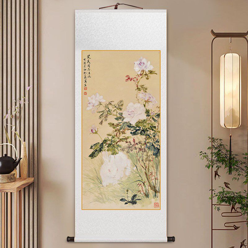 花鸟玄关李婵桃花柳燕图名家卷轴挂画中式客厅装饰画书房茶室壁画
