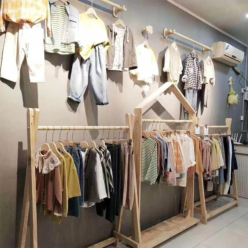 服装店展示架原木色落地式挂衣架童装店衣架陈列衣服货架服装架子