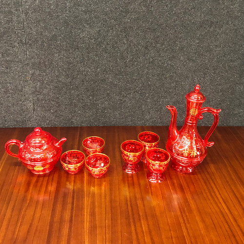 拜神礼佛茶酒杯红色水晶塑料高脚酒杯喜庆交杯酒酒壶茶壶碗筷全套