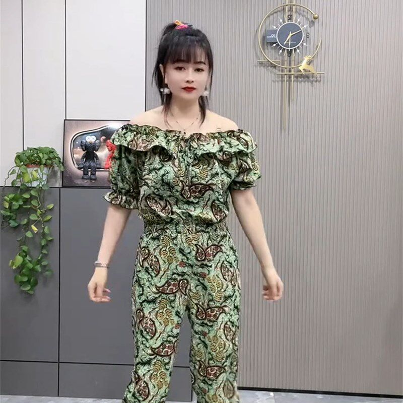 连体裤女2024夏季新款一字领两穿收腰显瘦短袖连衣裤花色时尚套装