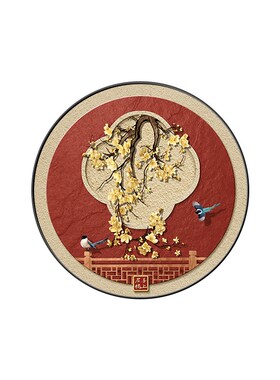喜上眉梢玄关挂画新中式走廊过道装饰画圆形寓意好的红色餐厅壁画
