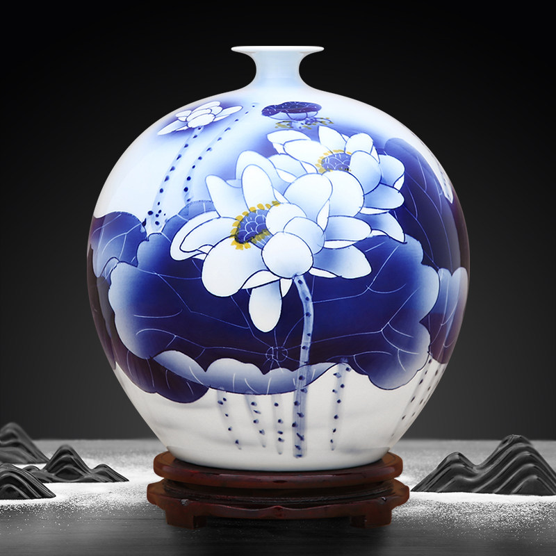 景德镇陶瓷器花瓶手绘青花碧玉清香石榴瓶中式家居高档台面摆件
