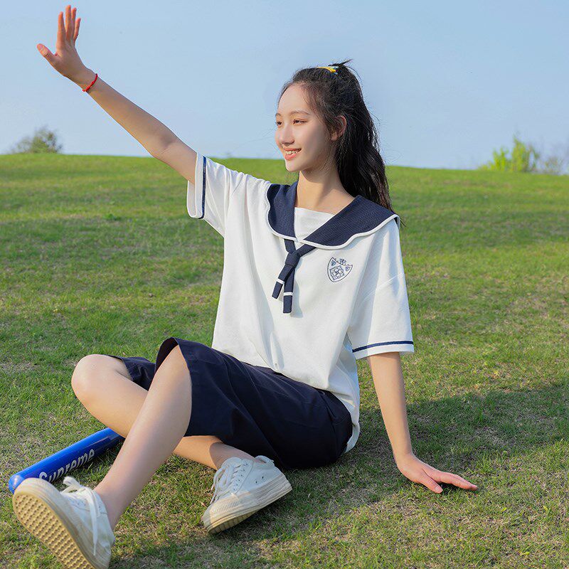 初中生少女休闲套装海军领结学院风套服绣花夏装高中生短裤两件套