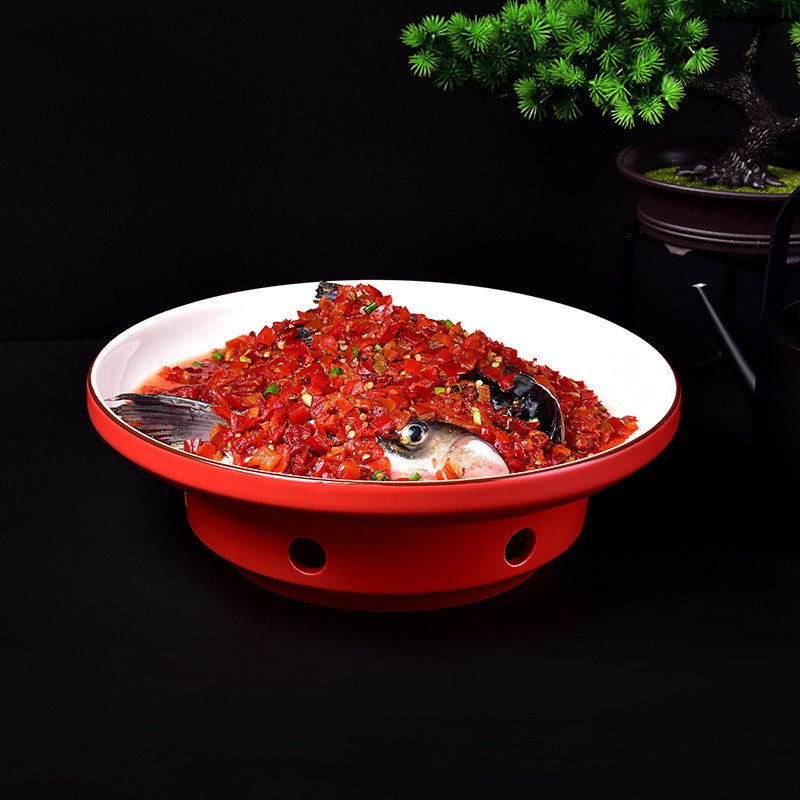 中式哑光红陶瓷圆形蜡烛加热盘剁椒鱼头盘保温菜盘子饭店明档餐具