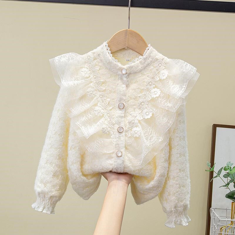 女童春秋衬衫2025新款加绒长袖白衬衣儿童蕾丝纯棉打底衫春季上衣