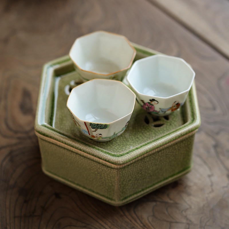 漳州窑绿釉茶盘六角壶承 单丛茶壶小茶盘开片干泡台潮汕工夫茶具
