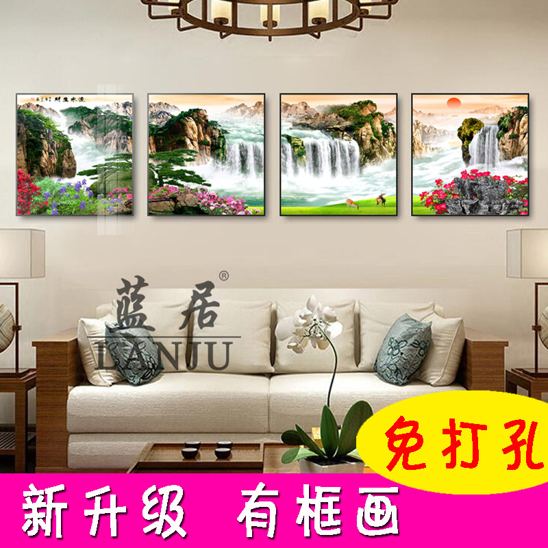 简约大气四联画客厅墙面装饰画沙发背景墙画新中式挂画免打孔壁画