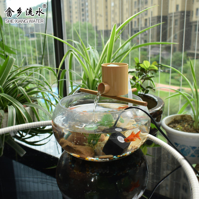 圆形玻璃鱼缸瀑布式过滤器造景循环水古法养鱼增氧三合一流水摆件