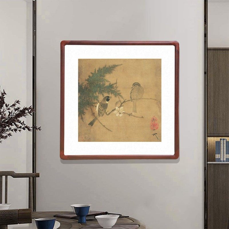 宋徽宗斗方形工笔花鸟字画茶楼壁画新中式玄关挂画赵佶腊梅双禽图