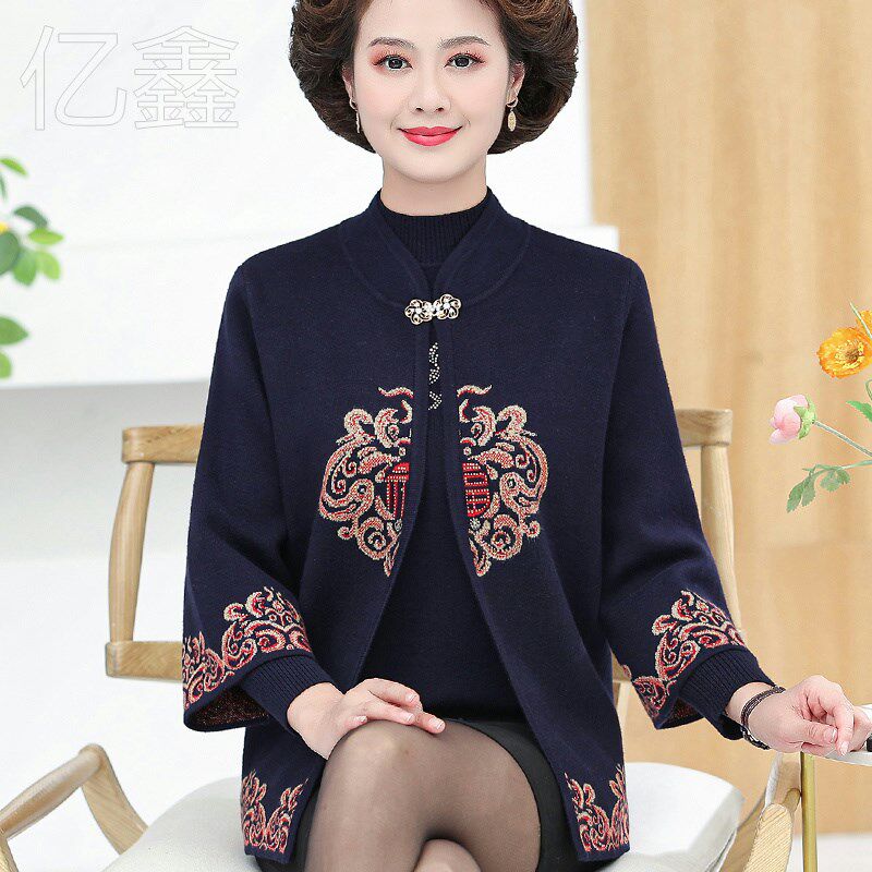中老年女装秋装洋气开衫外套中年妈妈秋冬大码上衣加绒针织两件套