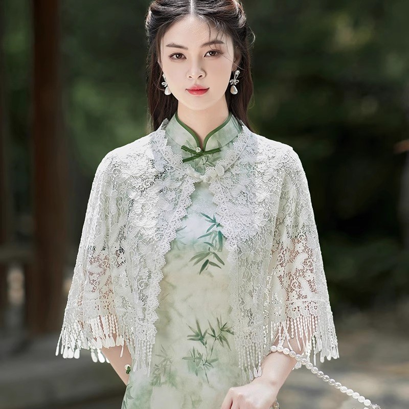 旗袍披肩女旗袍外搭蕾丝流苏空调房办公室针织白色斗篷披风薄款夏