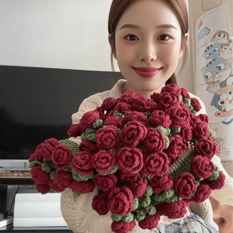 99朵玫瑰花束毯子空调盖毯手工DIY钩织成品毛线秋冬保暖披肩送礼