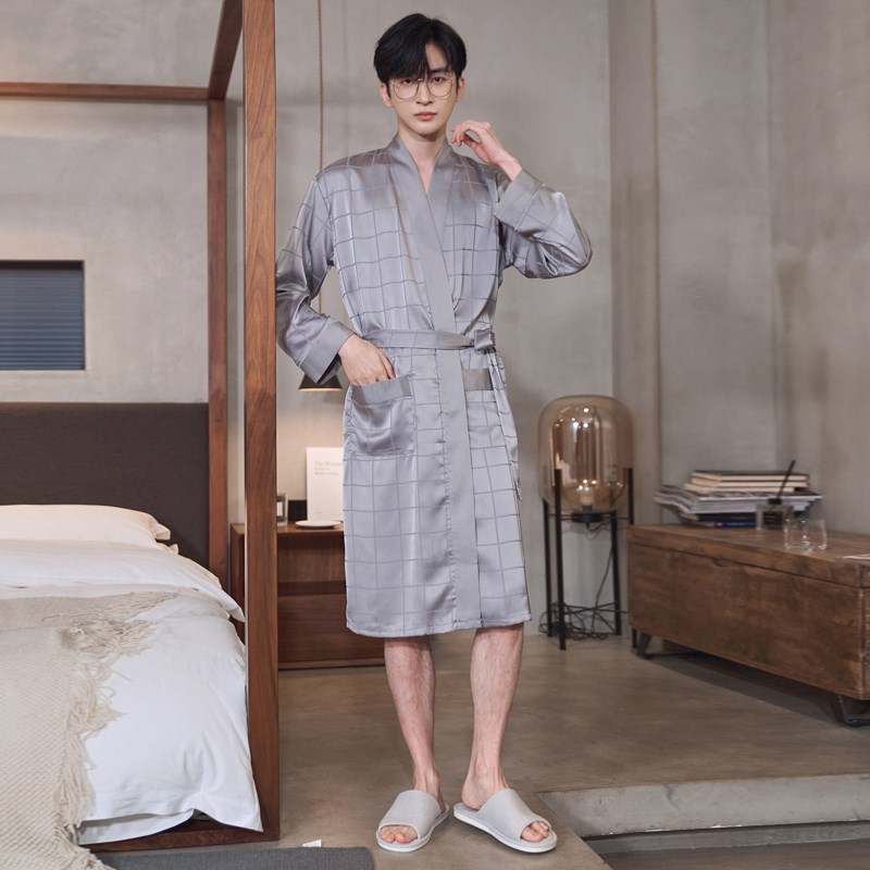 男士长袖睡袍春秋款冰丝薄款睡衣春夏季家居服丝绸中长款浴袍浴衣