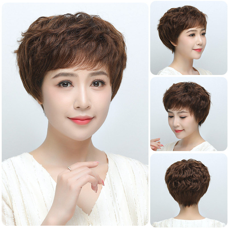 假发真发全真人发短发假发女全手织中老年卷发女士妈妈款自然头套