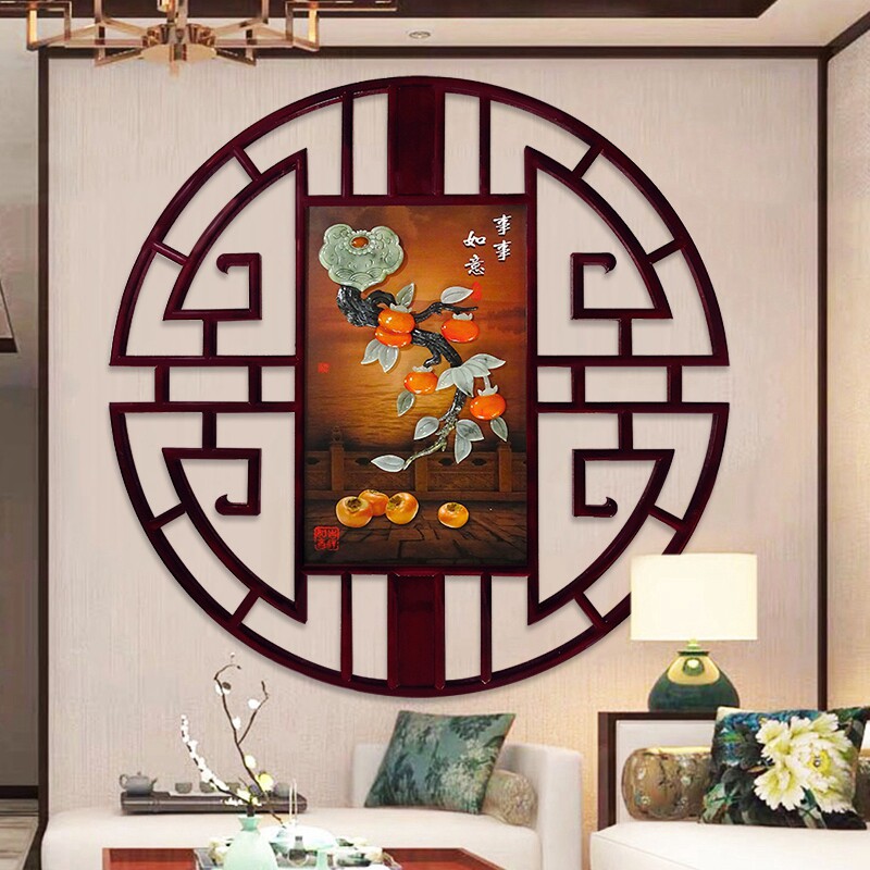 玄关装饰画餐厅墙面圆形五福临门玄关挂件福字中式玉石画玉雕挂画