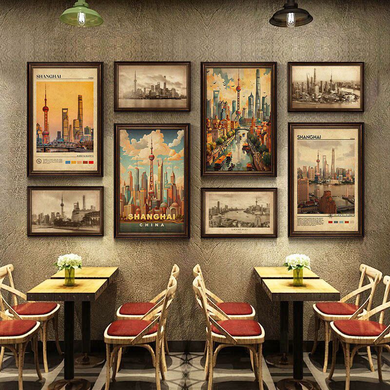 老上海建筑街景复古挂画民国风餐厅火锅店装饰画中式餐馆包厢壁画