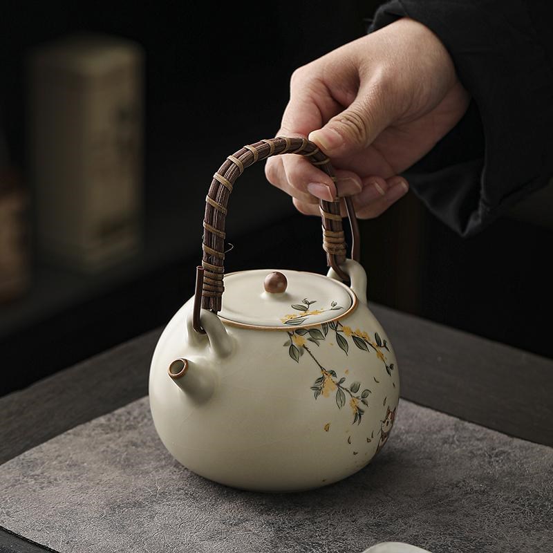 萌猫汝窑提梁壶陶瓷家用功夫茶具高档茶水壶办公室泡茶壶可养开片