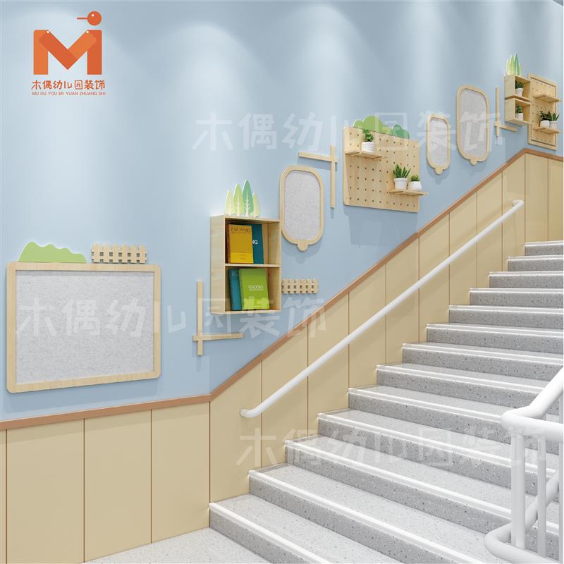 实木幼儿园展示栏摆台洞洞板楼梯文化墙环创装饰立体框简约毛毡