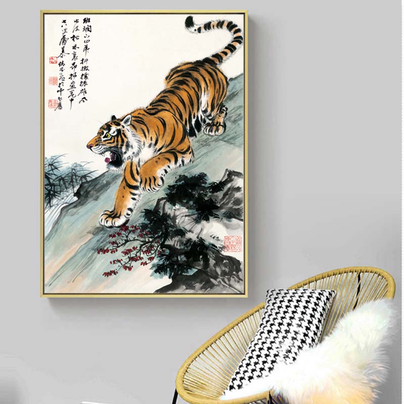 新中式装饰画老虎图上山虎下山虎国画走廊过道玄关中国风壁画挂画