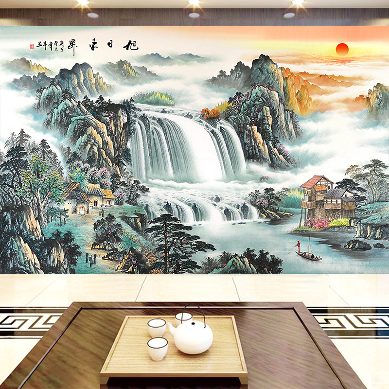 旭日东升3d电视背景墙壁纸客厅5d立体中式山水国画8d定制壁画墙布