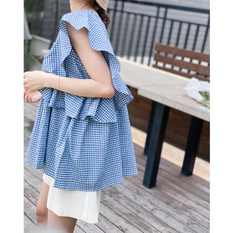 复古港风大荷叶袖口V领短袖衬衫 棉料小格纹宽松中长娃娃衫3012
