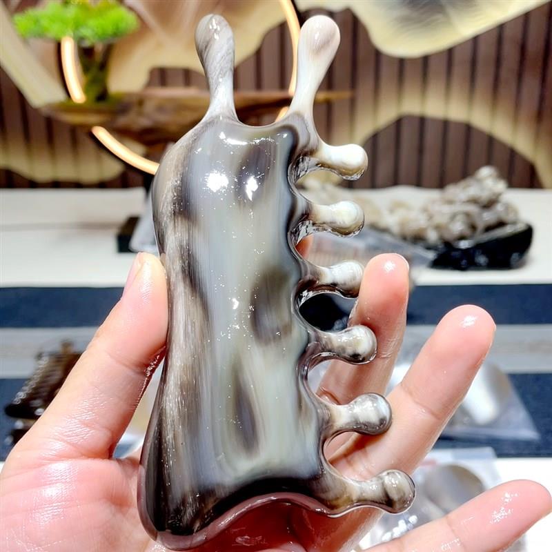 白水牛角梳五齿梳面部经络梳家用头部按摩梳头疗梳宽齿梳刮痧脸梳