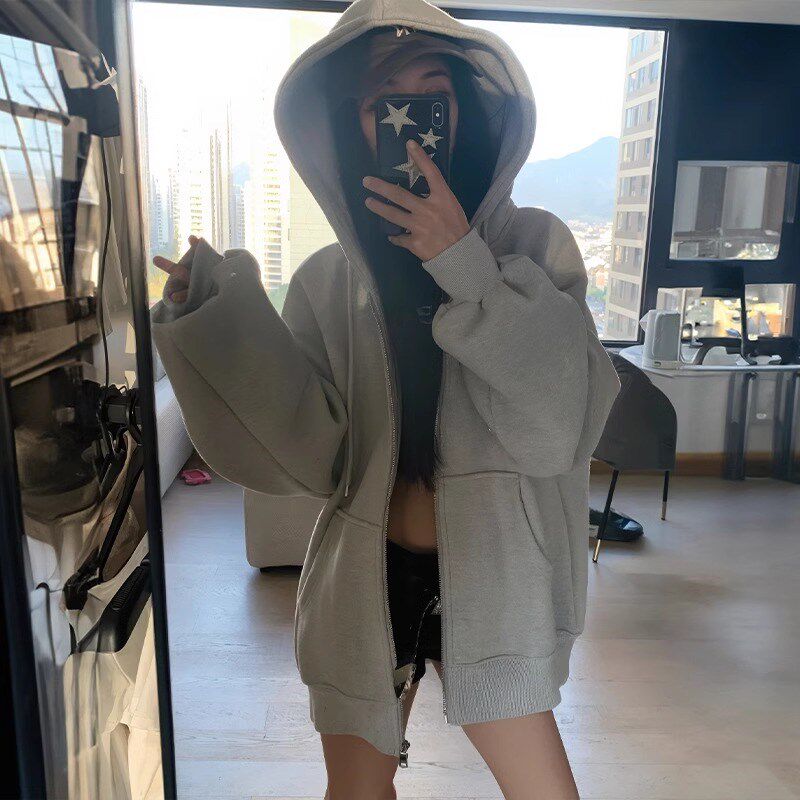 藏蓝色连帽纯棉卫衣女2024新款春秋冬季美式显瘦开衫外套拉链上衣