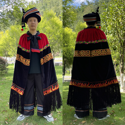 新款彝族披风 黑色男披肩苗族斗篷 查拉瓦民族火把节舞台演出服族