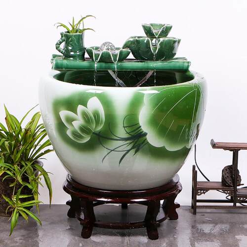 景德镇陶瓷鱼缸流水喷泉大号乌龟养鱼盆家用荷花缸锦鲤缸落地造景