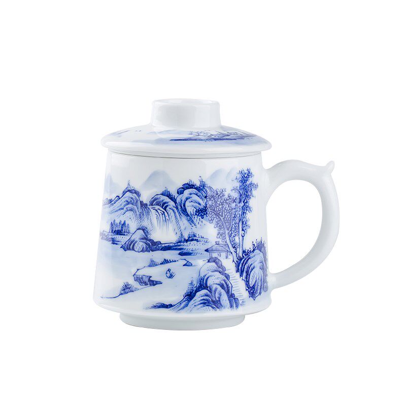 陶瓷茶杯带盖水杯家用大容量景德镇手绘青花瓷器带过滤办公泡茶杯
