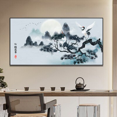 松鹤延年客厅山水画挂画床头国画壁画背景墙仙鹤图装饰画中堂画