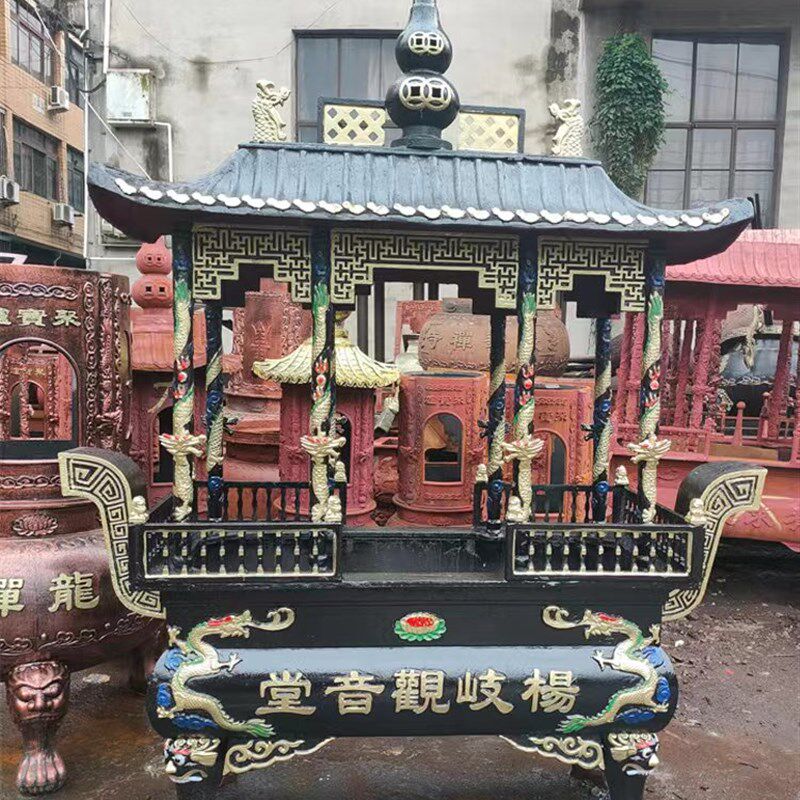 复古寺庙铸铁烧香炉大型长方形八龙柱生铁香炉仙家上香寺庙用