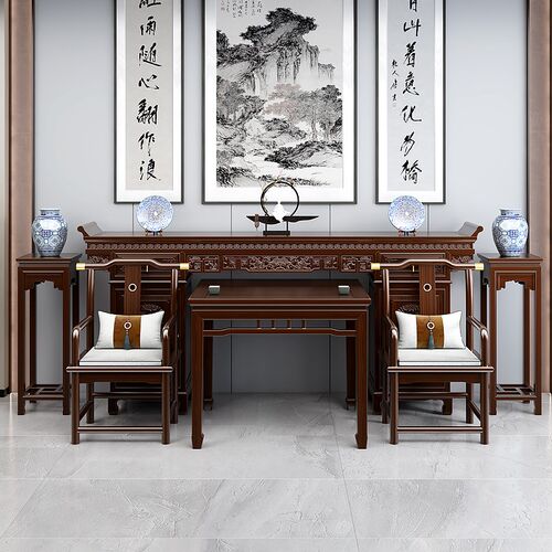 全实木中堂六件套中式神台堂屋家具仿红木雕花高档供桌条案翘头桌