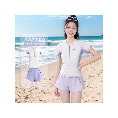 012025新款大童儿童泳衣女孩初中生少女发育期分体保守带胸垫运动