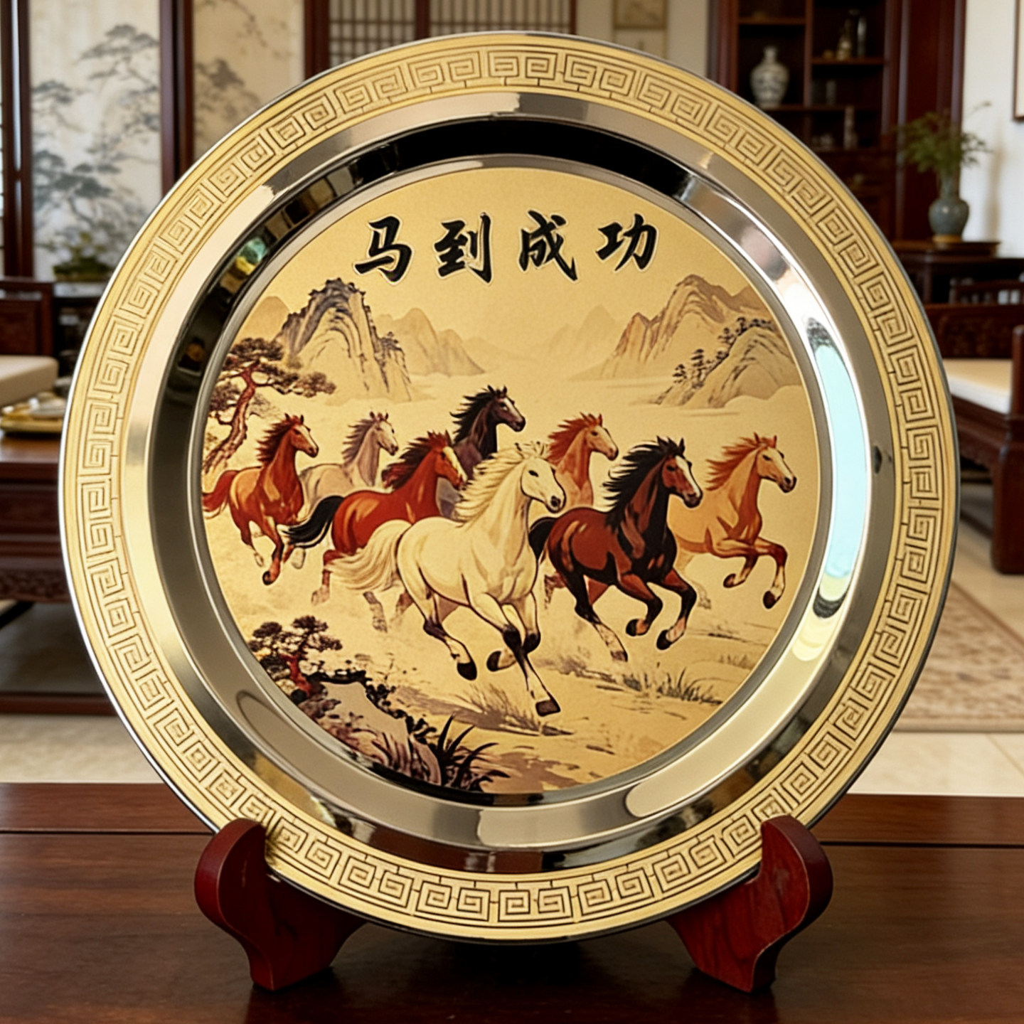 马到成功彩色八骏图摆盘 新中式铜盘摆件客厅玄关装饰盘 开业礼品