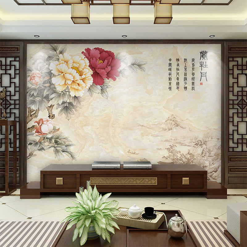 新中式沙发电视背景墙壁纸花开富贵牡丹壁画墙纸客厅卧室无缝墙布