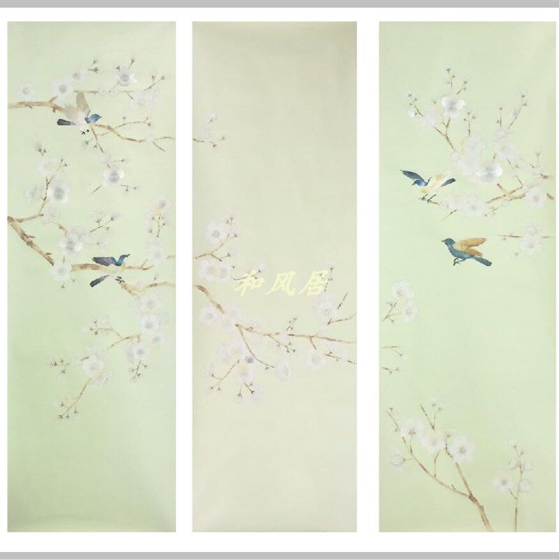 真丝手绘丝绸墙纸壁布壁画C1茶花清新花鸟背景墙法式中式墙布包邮